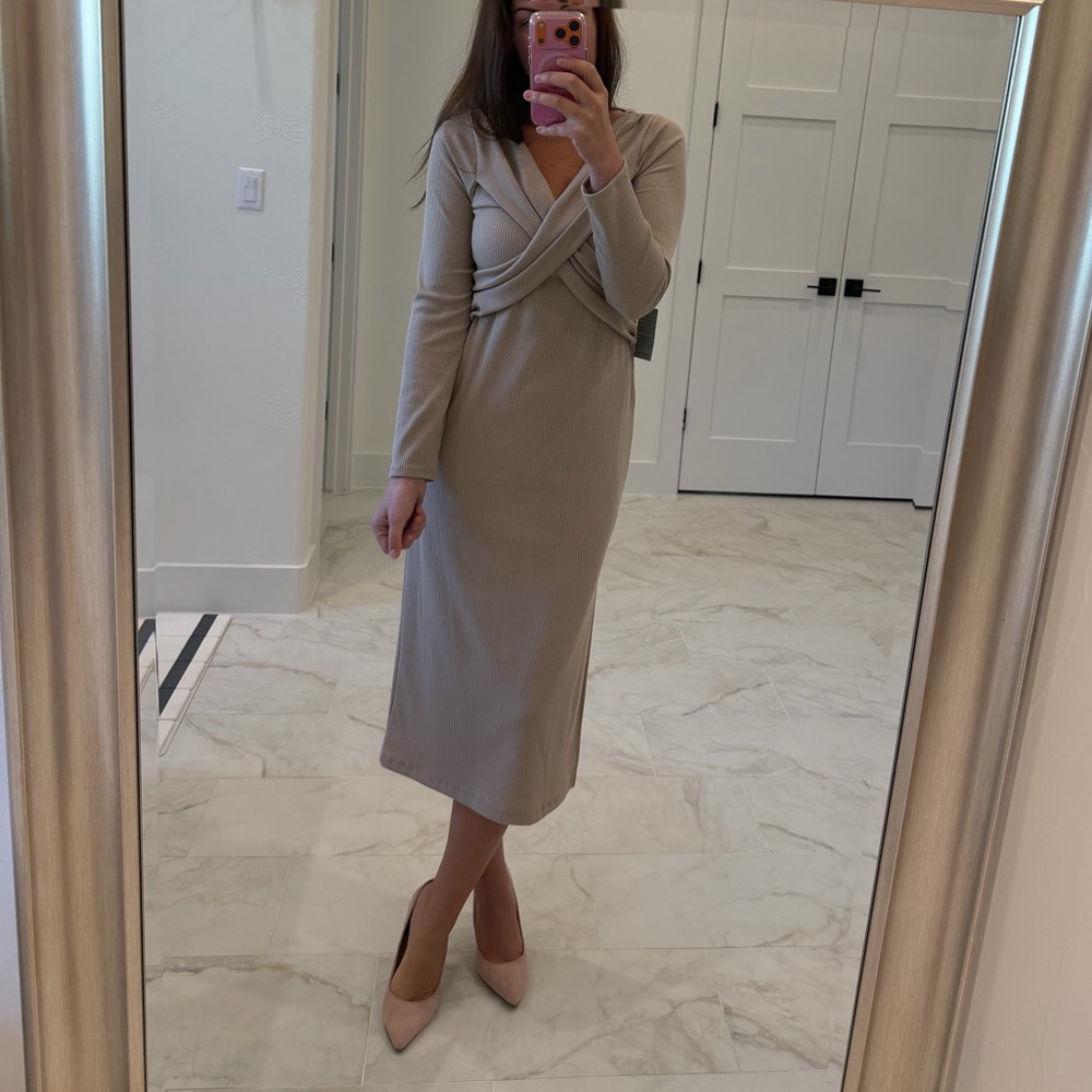 Beige Long Sleeve Ribbed Dress